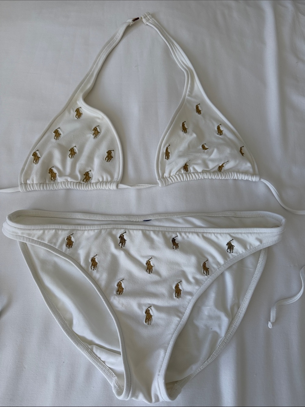 Ralph Lauren White Bikini Set with Gold Polo Pony Embroidery L